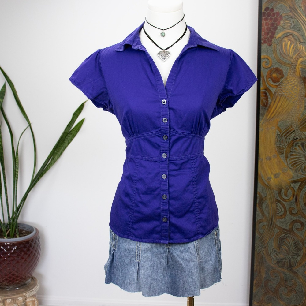Y2K Blue Waist Blouse Button Down Shirt Banana Republic Size 6